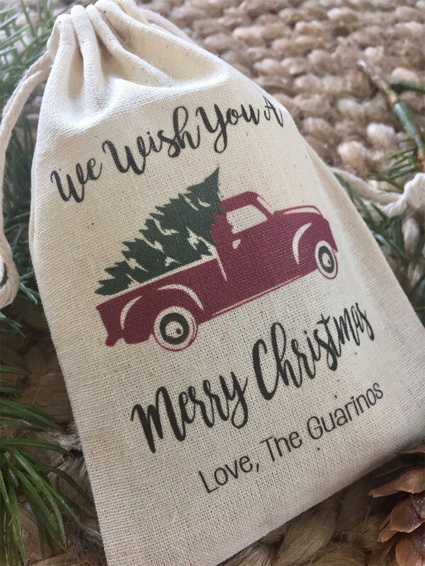 20pcs Personalized Christmas Favor Bags / Holiday Gift Bags / Vintage Truck With Christmas Tree