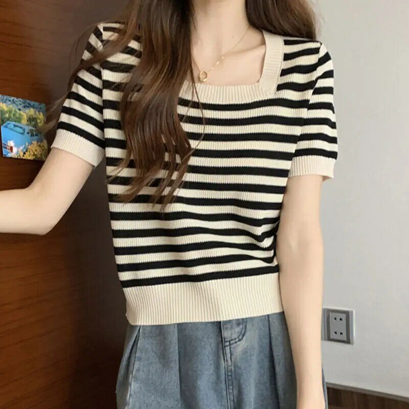 Summer Sweet Loose Casual Elegant Fashion Simplicity T-shirts for Women Striped Knitting The Square Collar Short Sleeve Y2K Tops