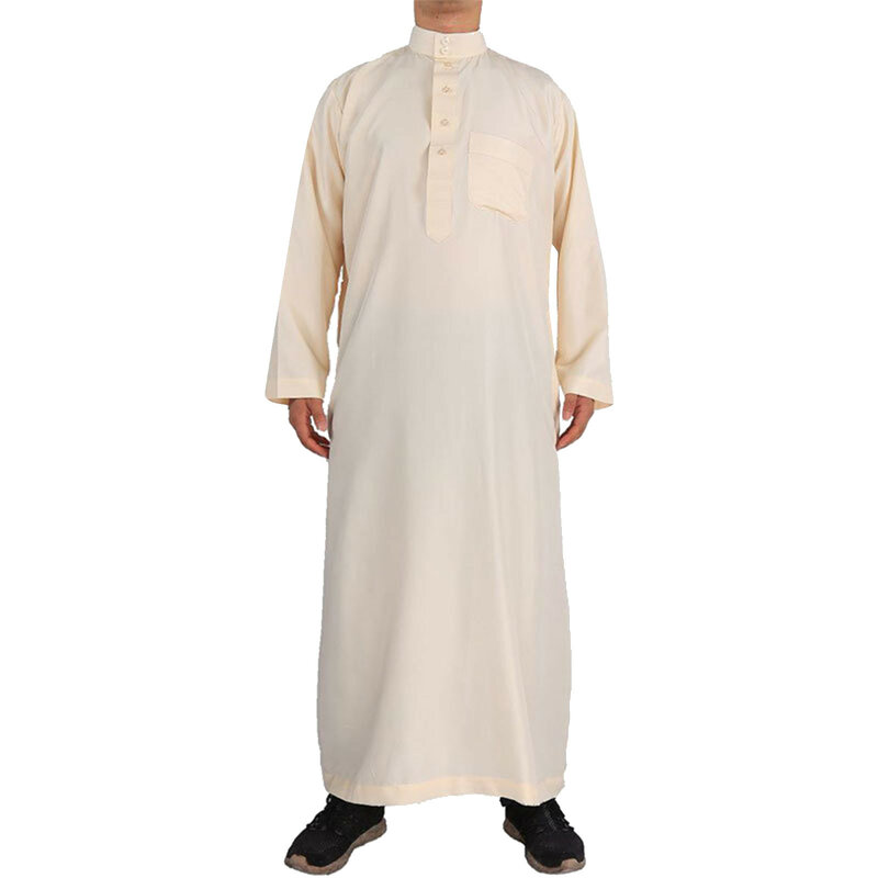 Bata musulmana con cuello de pie y botones para hombre, traje de moda, suelta, transpirable, Color sólido, informal, manga larga