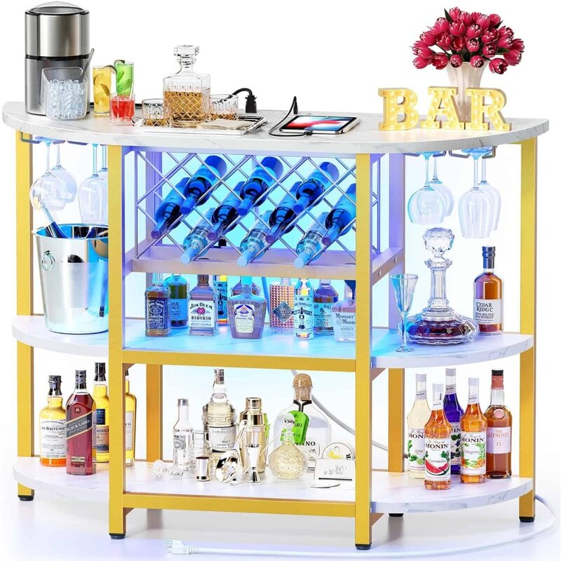 Stolik barowy szafka z listwa sieciowa, domowa Mini barowa szafka na alkohol, metalowa podstawka Bar winny z 4-poziomowym schowkiem, łatwa do wykonania