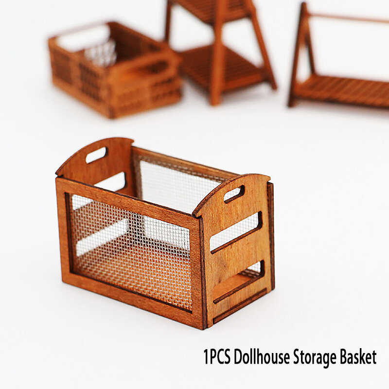 Iron Mesh Storage Box para Dollhouse, Miniature Basket, Storage Basket, Decoração Acessórios, Madeira, 1:12