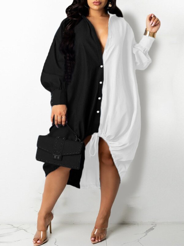 LW Gaun Kemeja Tambal Sulam Serut Ukuran Plus Mode Drop Shoulder Kemeja Lengan Panjang Kerah Streetwears Wanita
