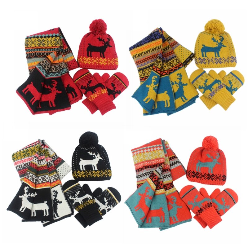 Милая шапка с рисунком лося, перчатки, шарф, костюм, зимний комплект, мягкие теплые вязаные шапочки для подростков