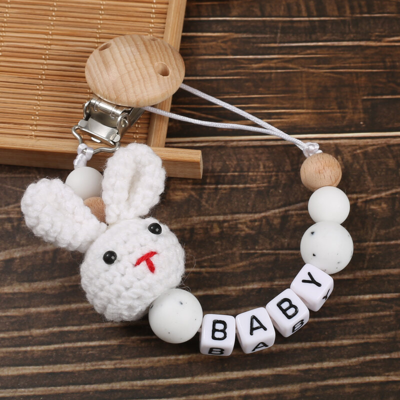 Drewniany spinka do smoczek dla niemowląt szydełka królik ząbkowanie łańcuszek do ręcznie robionych spersonalizowana nazwa łańcuszek do smoczka dla dziecka