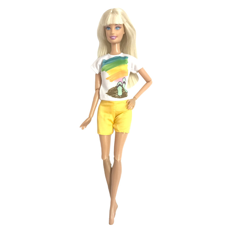 NK Official 1 Pcs Fashion Summer Clothes Casual Wear White Shirt+ Yellow Pants Beach  Shorts  for Barbie Doll Accessorie