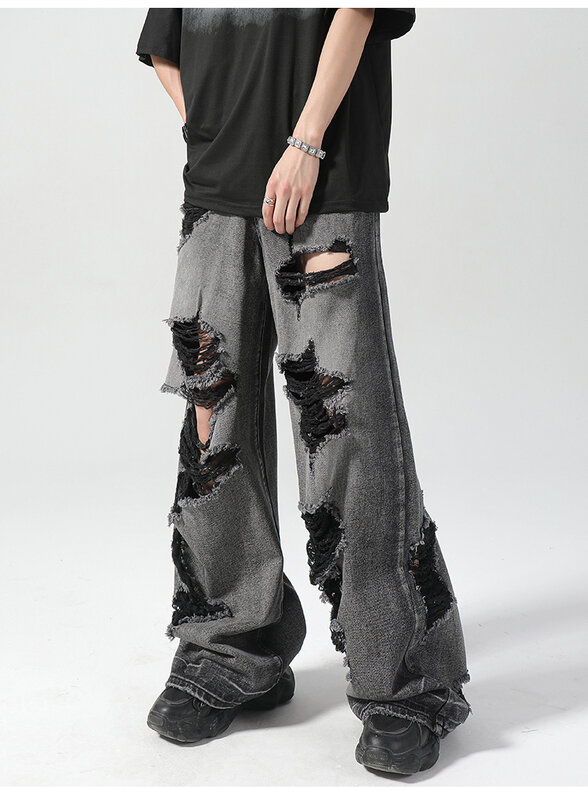 Pantalones vaqueros rasgados para hombre, ropa de calle informal con bolsillos, Color sólido, estilo Hip Hop, a la moda, novedad de 2024, W213
