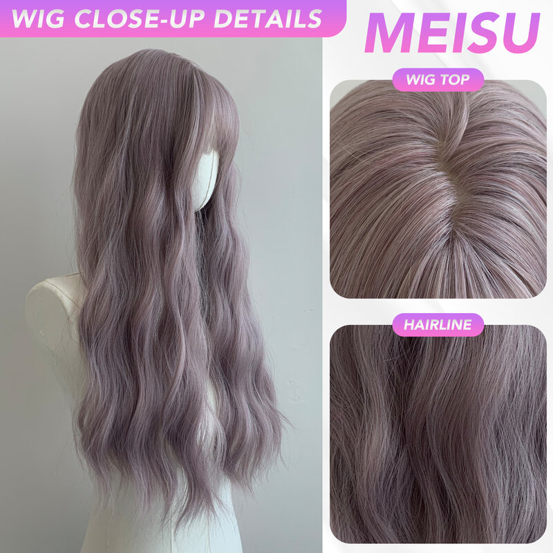 MEISU Water Curly Wave parrucche Air Bangs Grey Purple 22 pollici Fiber parrucche sintetiche resistente al calore Natural Party o Selfie per le donne