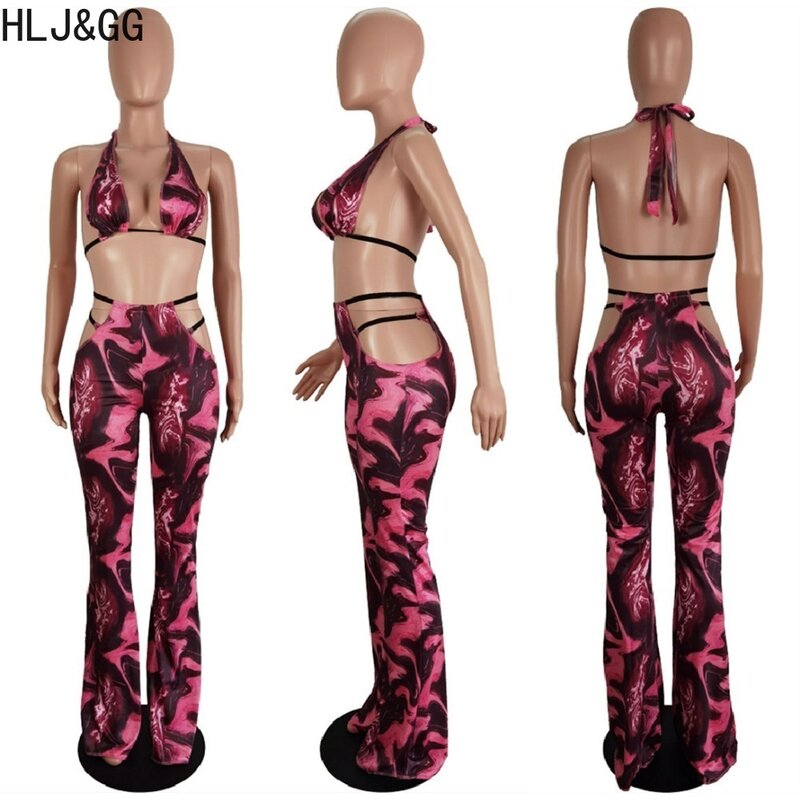 HLJ&GG Purple Sexy Printing Hollow Out Bandage Bodycon Two Piece Sets Women Deep V Halter Lace Up Bra And Skinny Pants Outfits