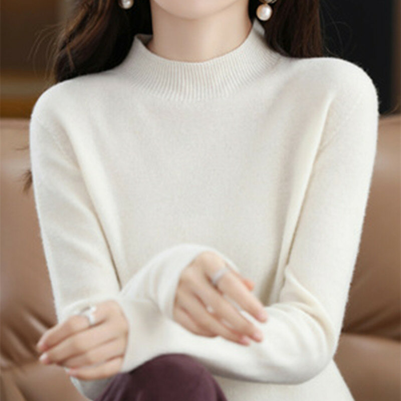 Pół wysoka jednolita kolor kaszmirowy sweter dla kobiet luźny sweter jesienno-zimowy zakontraktowany podmiejski proste dzianiny Top Base