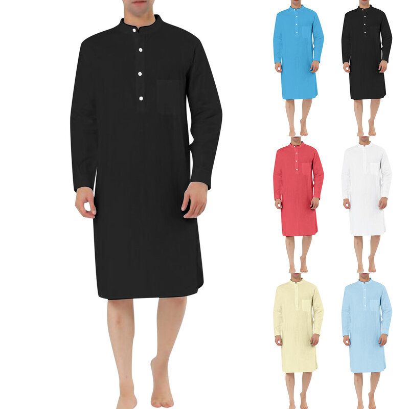 Baju Muslim lengan panjang untuk pria, baju Muslim kasual bersaku panjang, jubah Kurta, baju Arab Arab, pakaian Kaftan untuk pria