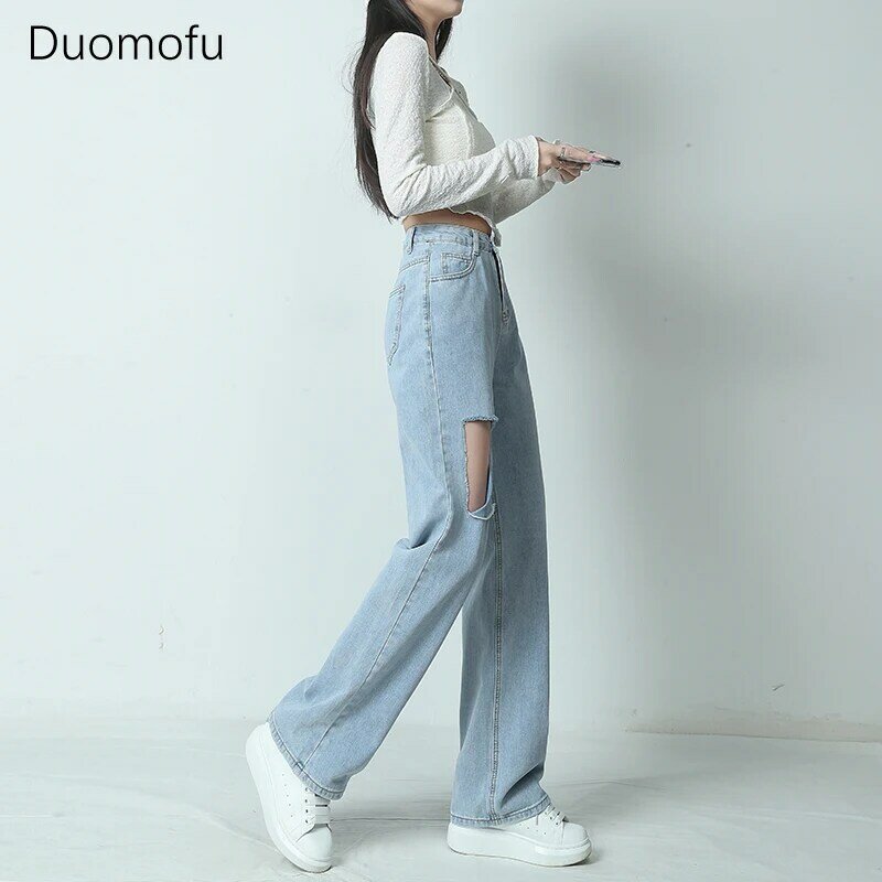 Duomofu 연청 시크 할로우 아웃 루즈 청바지, 한국 기본 하이 웨이스트 슬림 패션, 심플 단색 캐주얼 여성 청바지