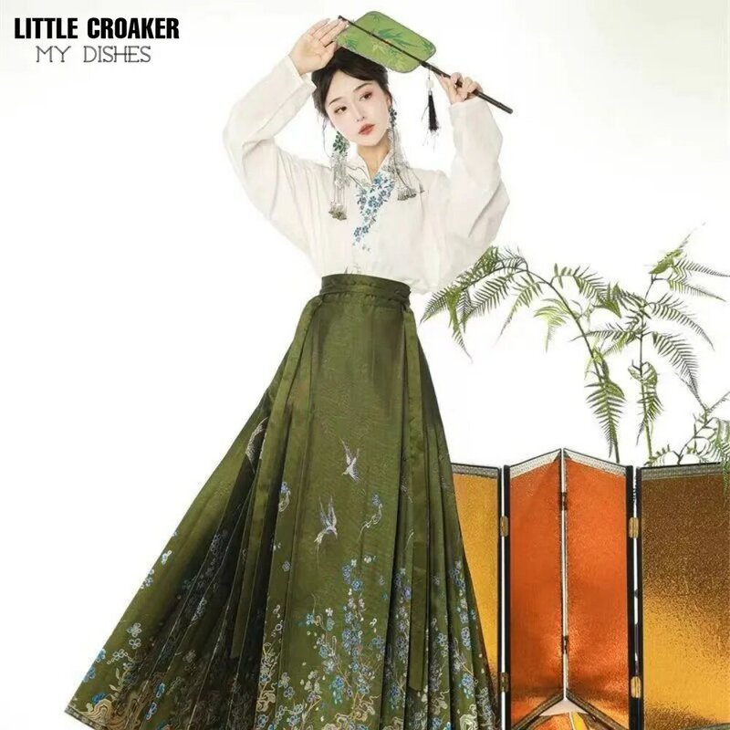 Falda plisada con cara de caballo para mujer, ropa de calle, chaleco, traje Hanfu, estilo Chino, Tradicional, diario, XL