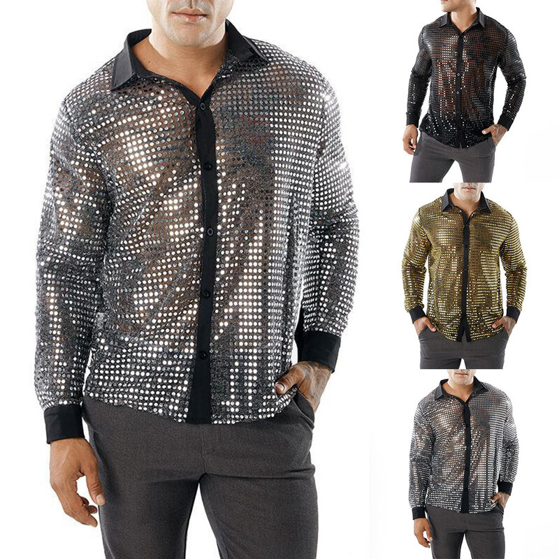 Mens New Hot Sparkly Sequins Party Dance Shirts Retro 70s Disco Nightclub Shirt Long Sleeved High Quality Slim Fitting Punk Tops