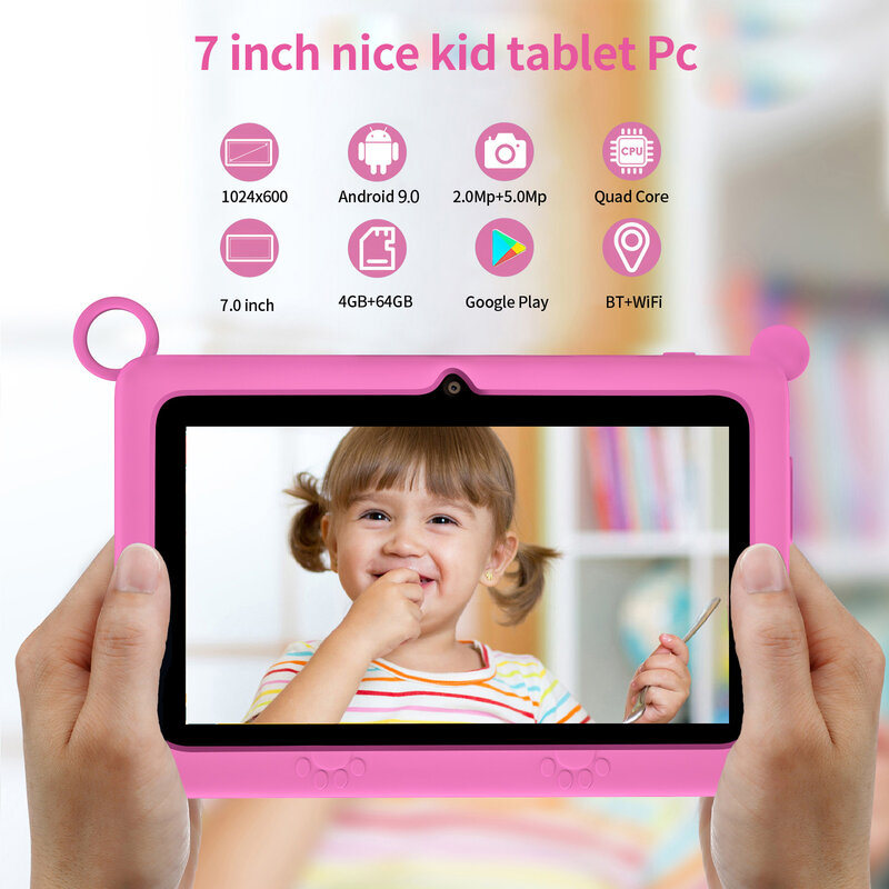 BDF K2 Tablet WiFi anak-anak, 7 inci Quad Core RAM 4GB ROM 64GB, pendidikan belajar Google Play Android 9.0 Tablet Pc
