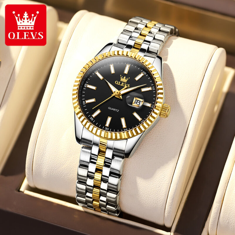 OLEVS jam tangan Stainless Steel, arloji Quartz 5593 bulat, kalender panggilan
