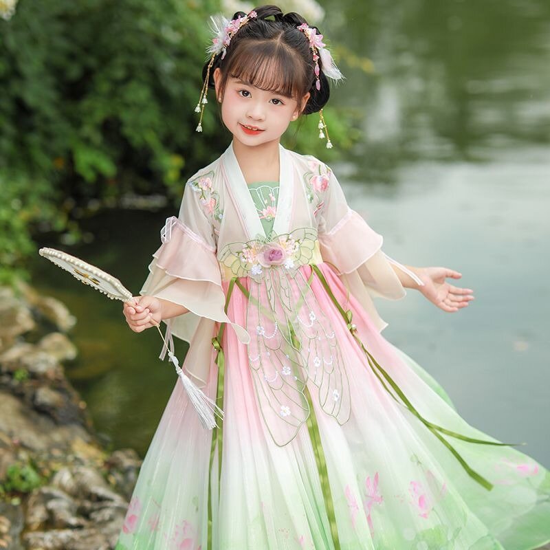 2024 Hanfu แบบดั้งเดิมของเด็กชุด Hanfu แบบจีนโบราณชุดคอสเพลย์นางฟ้าแขนใหญ่ Hanfu ฤดูใบไม้ผลิฤดูร้อน