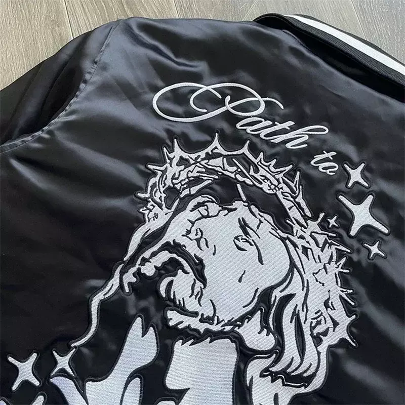 Черная куртка-бомбер Hell Star 2024ss для мужчин и женщин, куртка оверсайз в стиле 1:1, с вышивкой и логотипом