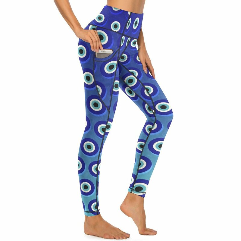 Pantaloni da Yoga Evil Eye con tasche Leggings con stampa occhi blu collant sportivi da Yoga a vita alta Sexy Leggins da corsa Fitness ad asciugatura rapida