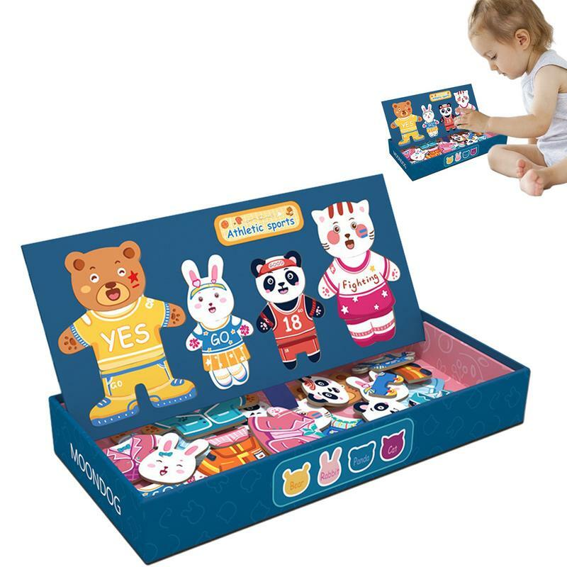 Puzzles magnéticos para crianças, Jogos de correspondência, Conjunto de quebra-cabeça de madeira para berçário, Brinquedos pré-escolares, Vestido colorido, Animal, Vestir