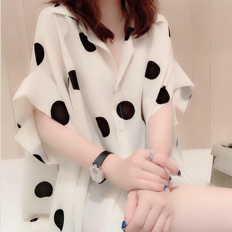 Verão chiffon fino oversize manga curta polka dot mulheres camisas casuais elegante confortável sedoso solto em linha reta roupas femininas