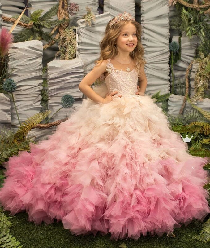 Pink Girl Princess Dress Lace Puffy Flower Girl Dresses Sleeve Cute Girl Birthday Dress Wedding Party Dress Baby Dress