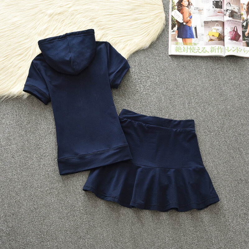 2024 Summer Short Sleeve Hoodies and Short Skirt Two piece Set Cotton Color Women Sports Pleated Skirt Set