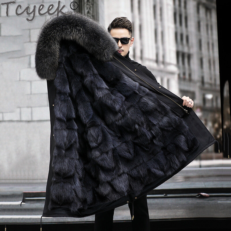 Tcyeek-Parka cálida con forro de piel de zorro desmontable para hombre, chaquetas de piel media-larga, ropa de moda para hombre, chaqueta de invierno, cuello de piel de mapache, 2023