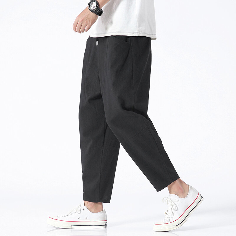 100% กางเกงลำลองผ้าคอตตอนสำหรับผู้ชายกางเกงทรงหลวมคร็อปแพนท์ญี่ปุ่นทันสมัยสำหรับฤดูร้อน5XL