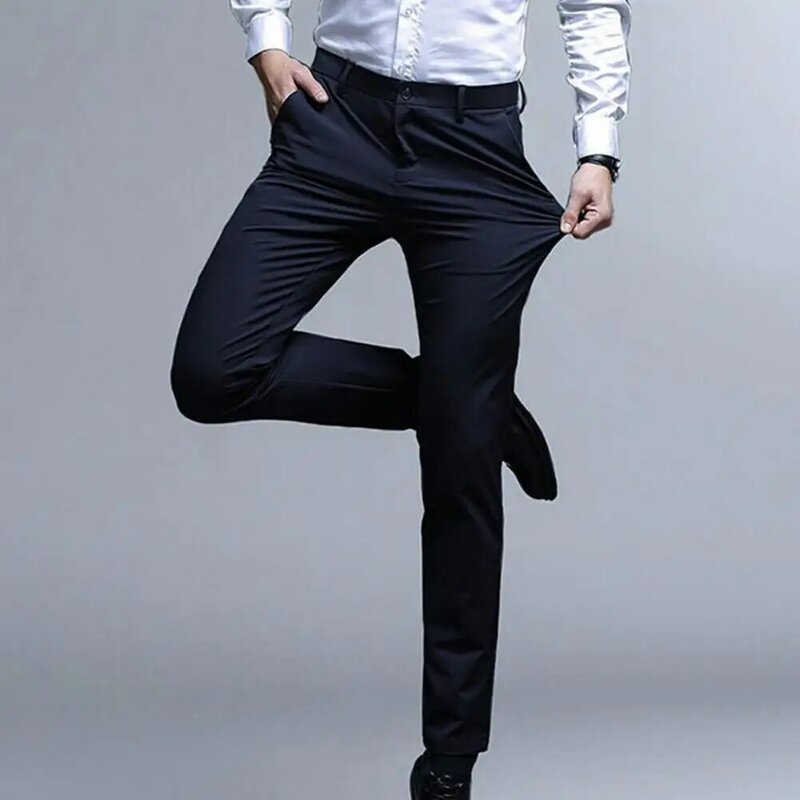 Men Suit Pants Straight Slim Fit Anti-wrinkle Solid Color High Waist Pockets Stretchy Soft Breathable Smooth Thin Business Pants