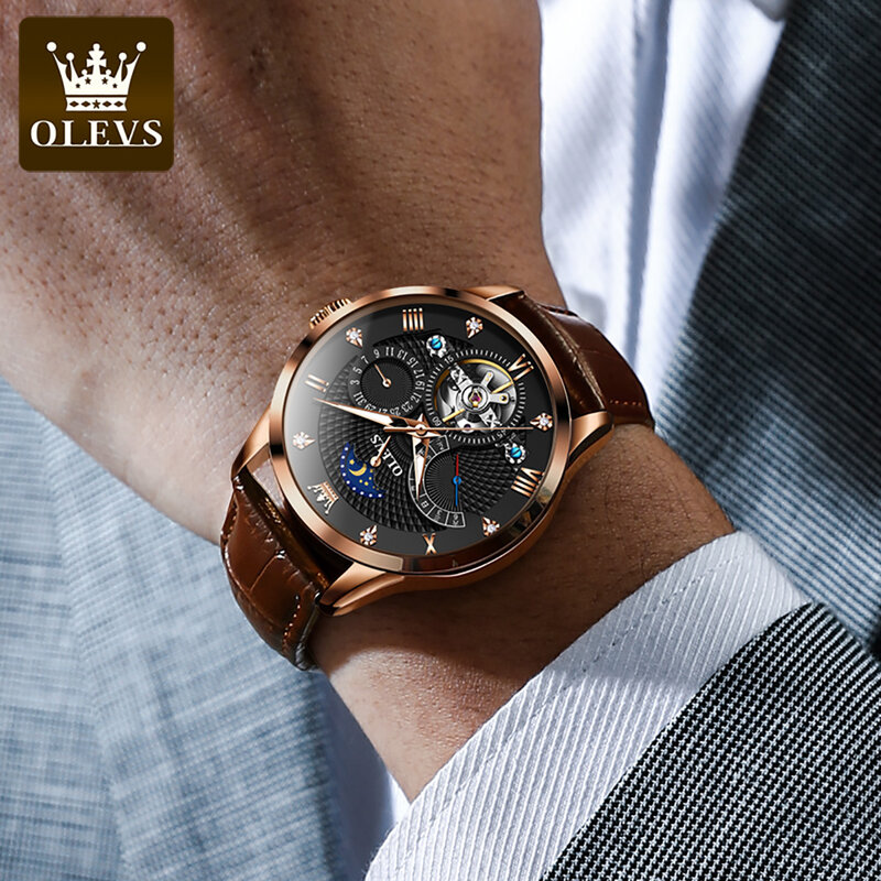 OLEVS-Relógio automático masculino de luxo, volante oco, relógio de pulso mecânico original, pulseira de couro, fase lunar
