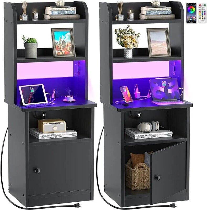 Black Nightstands Set of 2 with Charging Station & LED Lights - 47" Tall Bedside Table with Adjustable Shelf