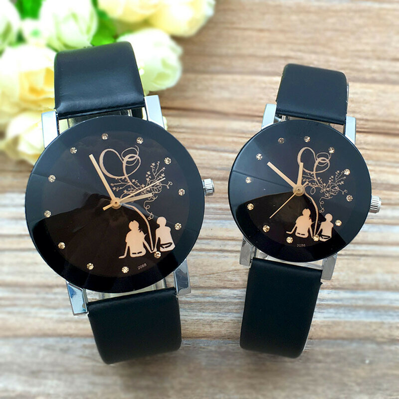 남녀공용 세련된 라운드 유리 다이얼 시계, 학생 커플 시계, 캐주얼 가죽 스트랩 쿼츠 손목 시계, 선물용