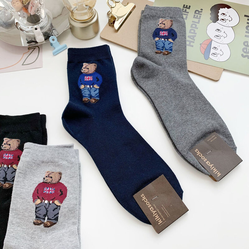 Cartoon Gentleman Bear Men's Socks Cotton Harajuku Skate Meias Novidade Respirável Sox Presente de Natal носки calcetines носки