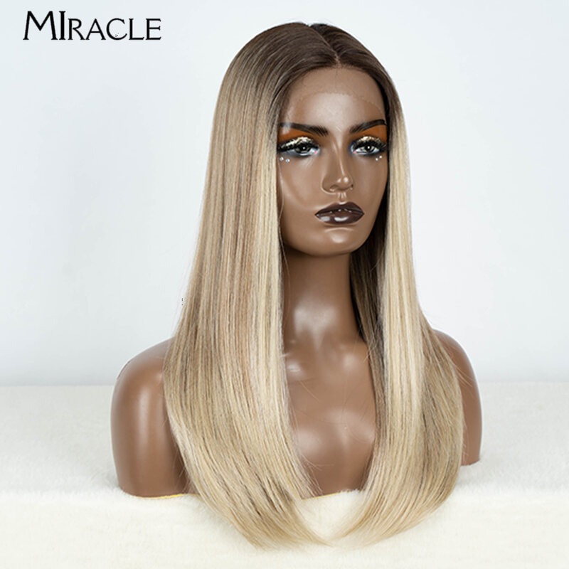 MIRACLE Ombre Blonde Wig Female Synthetic Lace Wig for Women 22'' Soft Straight Lace Wigs Heat Resistant Cosplay Fake Hair Wig