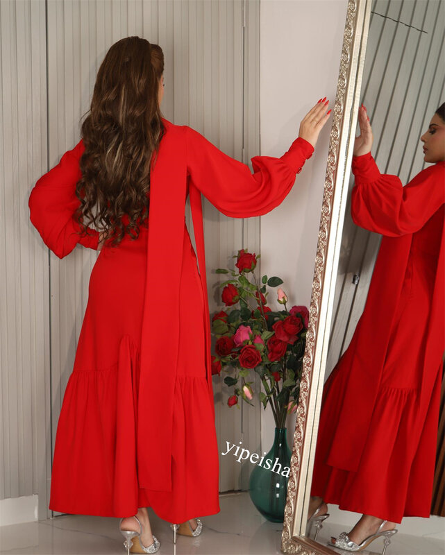 Платье для выпускного вечера из Саудовской Аравии, трикотажное ТРАПЕЦИЕВИДНОЕ ПЛАТЬЕ с рюшами и высоким воротником, платья-миди на заказ