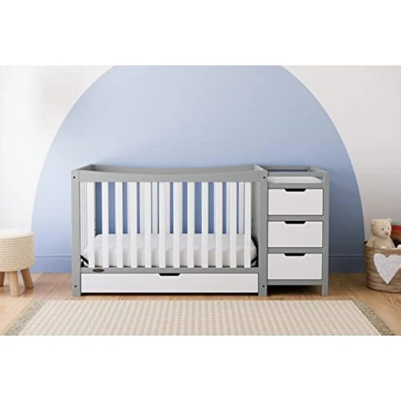 Pengganti & boks bayi konvertibel 5-In-1 dengan boks laci dan meja pengganti, termasuk bantalan pengganti, konversi ke tempat tidur balita