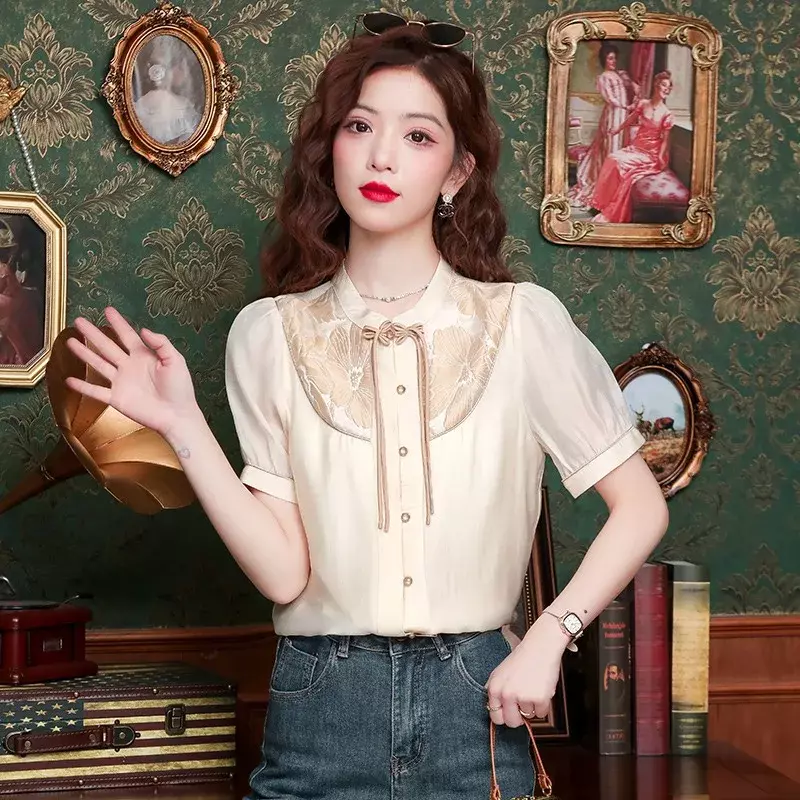 Camisa de satén con estampado Vintage para mujer, blusas holgadas de estilo chino, Tops de manga corta, ropa de moda de verano