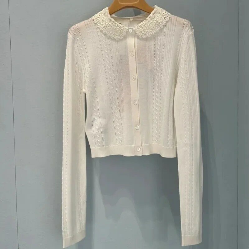 Cardigans de malha branca de manga comprida feminino, jaquetas de alta qualidade, moda, primavera, verão, C912, 2024