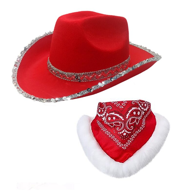 Christmas Cowboy Hat and Scarf Sequined Santa Wide Brim Hat for Adults Wedding Carnival Rave Party Costume Accessories