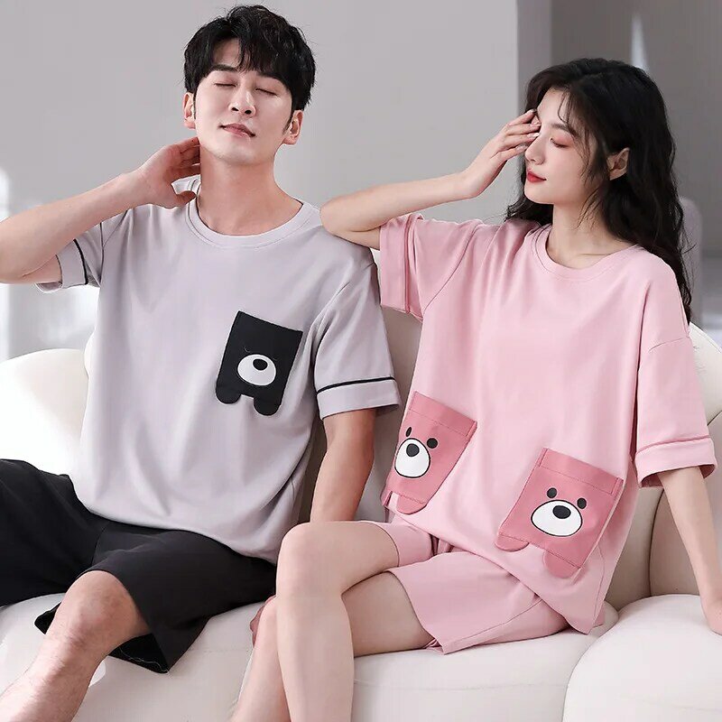Korean Cotton Couple's Pajamas Set Summer Short Sleeping Top Shorts Men and Women Matching Home Clothes Casual Pyjamas lounge