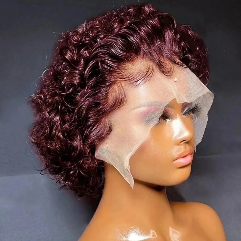 Fryzura Pixie peruka 99J bordowy woda głębokie koronkowa fala peruka Afro kręcone krótkie Bob peruki z ludzkich włosów Natural Color koronkowa peruka na przód dla kobiet