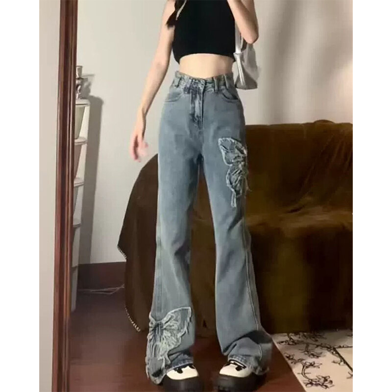 MEXZT-Calça Jeans Feminina Vintage Bordada com Borboletas, Y2K, 2000S, Jeans, Calças de Pernas Largas, Calças Cheias de Cintura Alta, Streetwear, Coreano