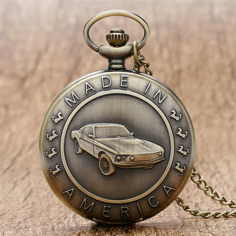 Reloj de bolsillo de cuarzo para hombre y mujer, cadena de cazador completo con patrón de coche 3D de bronce Retro, con colgante Fob, regalos Vintage