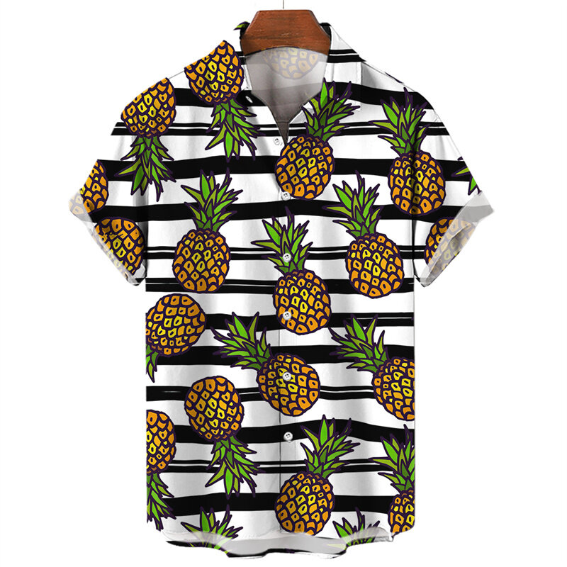 قميص هاواي بطباعة ثلاثية الأبعاد للرجال ، أناناس ، ليمون ، ليمون ، جوز الهند ، قمصان قصيرة الأكمام ، بلوزة واسعة الحجم في الشوارع ، الصيف