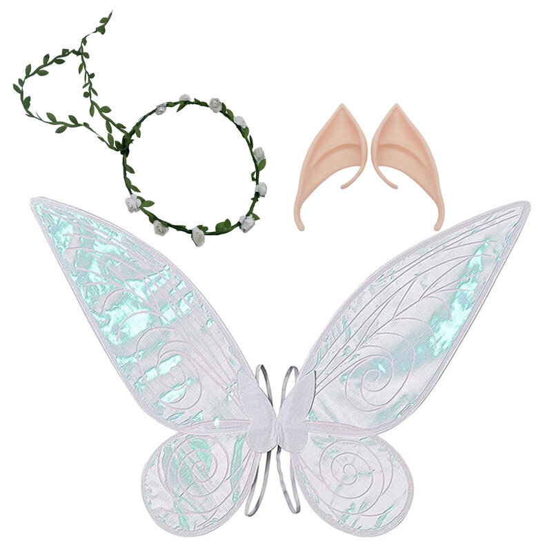 Kids Butterfly Fairy Wings Costume For Girls Floral Headband Elf Ears Angel Wing Halloween Cosplay Set