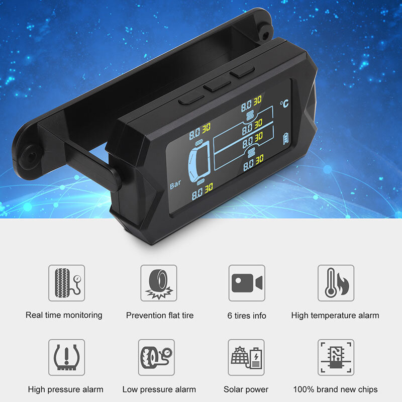 CODASH Car Wireless Tire Pressure Monitor 6 External TPMS Sensor 15bar Temperature Alarm System LCD USB Solar Truck Dedicated