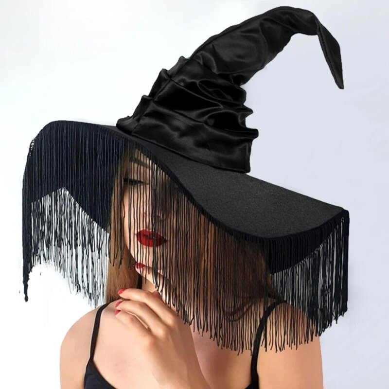Topi Penyihir Pesta Halloween untuk Wanita Topi Penyihir Hitam Bertepi Lebar Topi Kostum Cos-play Fashion Topi Festival Musik