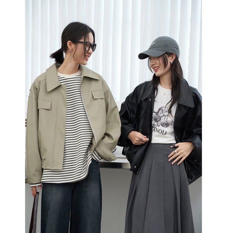 Deeptown 여성용 빈티지 짧은 가죽 재킷, 한국 패션, Y2k 스트리트웨어, 레이싱 재킷, PU 지퍼, 오버사이즈 하라주쿠 미학