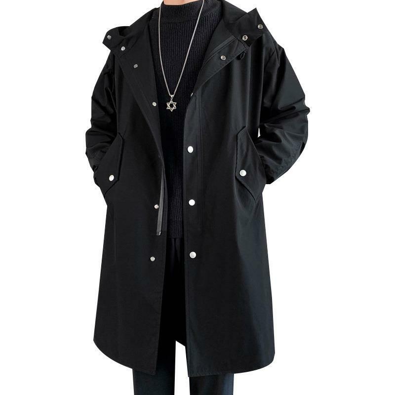 2024 Men's Windbreaker Jacket Long Trench Oversize Loose Streetwear Hooded Vintage Black Coats High Street Casual Male Outerwear