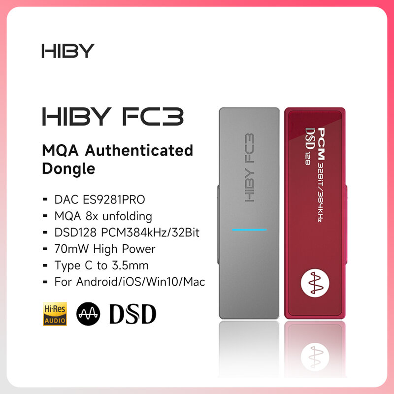 HiBy-FC3 Dongle MQA 8X portátil, Tipo C, USB DAC Audio, Decodificador HiFi, Amplificador de auscultadores, DSD128, Jack 3.5 para Android, iOS, Mac, Win10